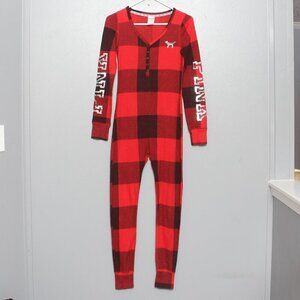 Victoria’s Secret PINK Buffalo Plaid Check Long Johns Onesie Pajamas Red Black